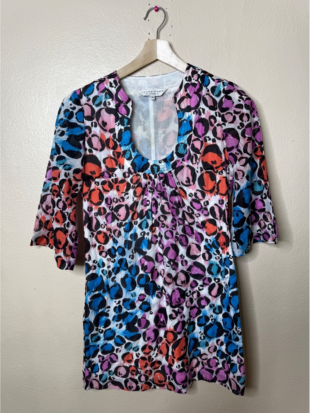 Trina Turk Women’s Silk Cotton Multicolor Animal Floral Print Tunic Top Size 4